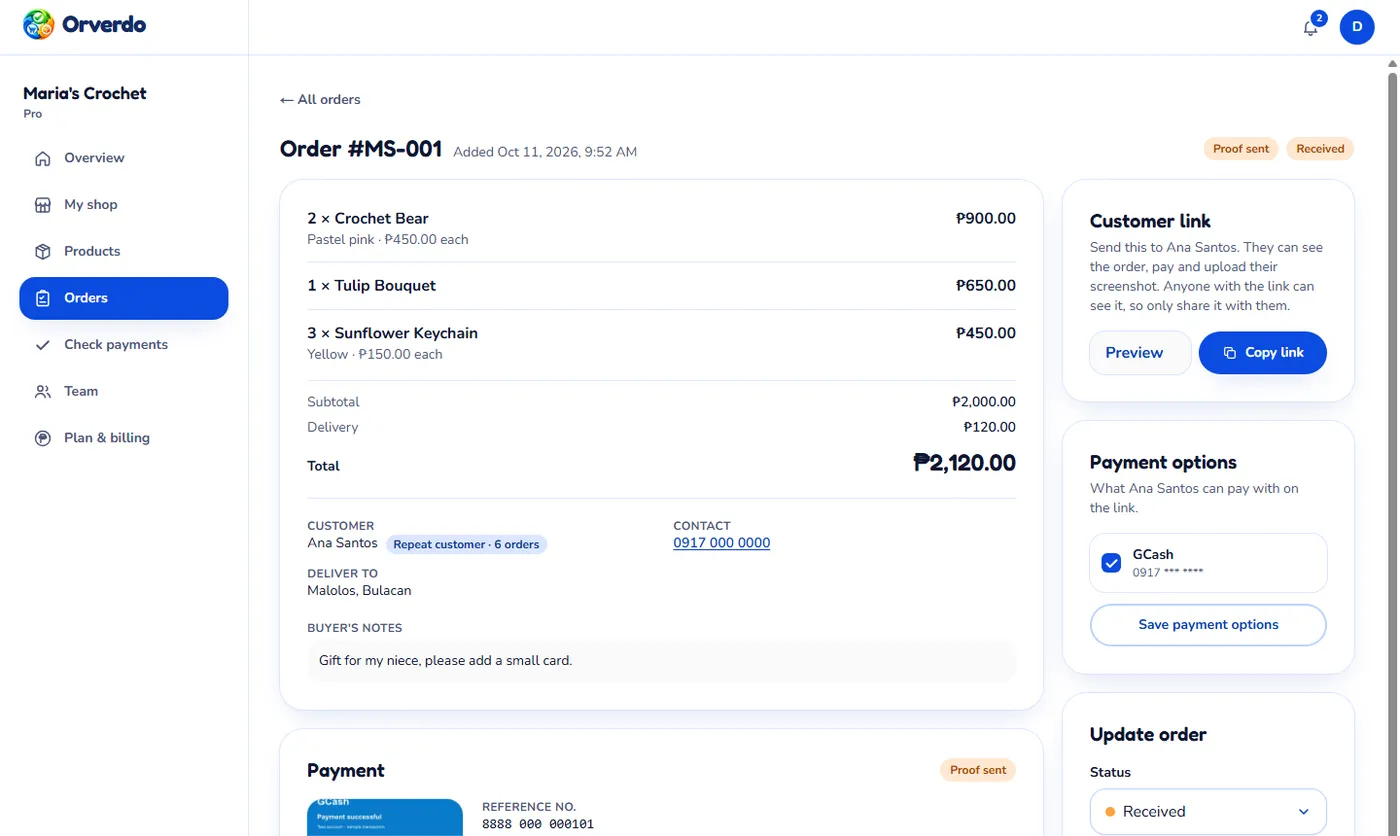 Orverdo's order page showing the items, the total, the customer's GCash payment screenshot and automatic payment checks